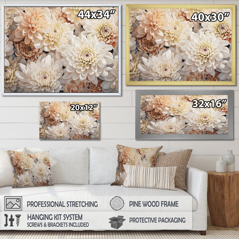 «Pure White Chrysanthemums Mosaic II», reproduction sur toile, H 16 po x l 32 po x P 1 po, Cadre simple noir