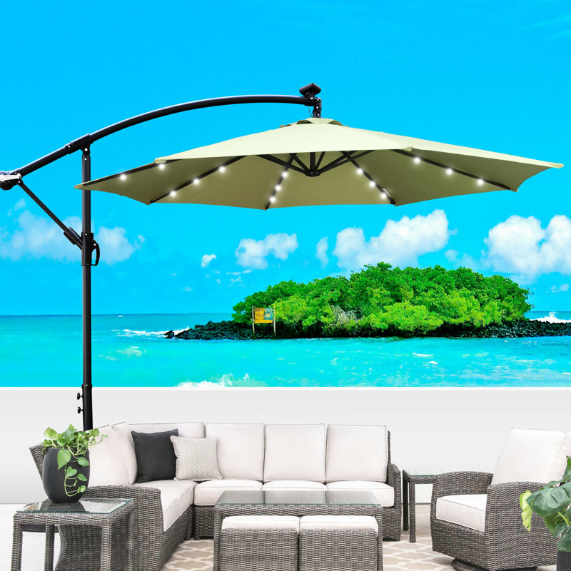 Parasol imperméable 10 pi avec énergie solaire Voneda - 8 nervures, manivelle, base croisée pour terrasse de jardin, White