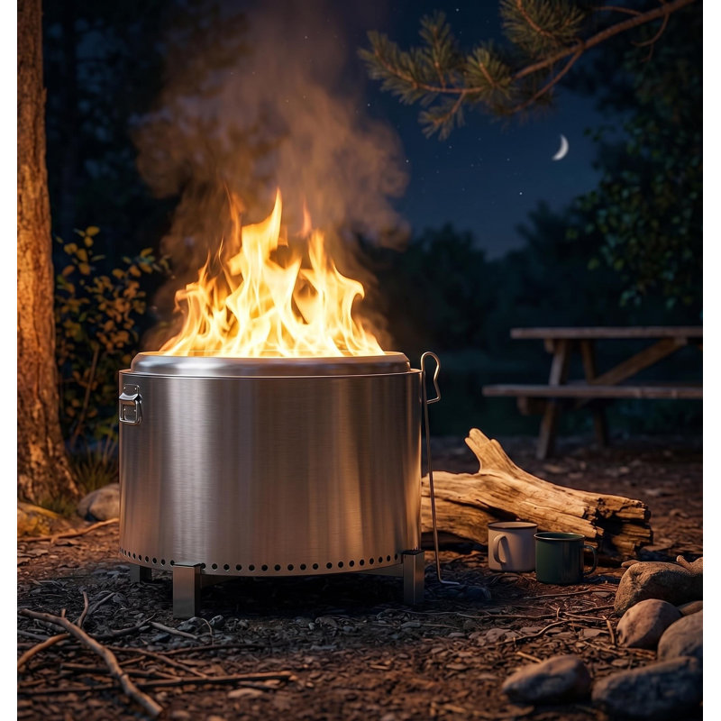Foyer d'extérieur sans fumée 27 po avec poignée, foyer au bois portatif en acier inoxydable 304 avec support, foyer extérieur à circulation d'air à 360 ° avec cendrier amovible pour le camping, la cour, la plage, 39 lb