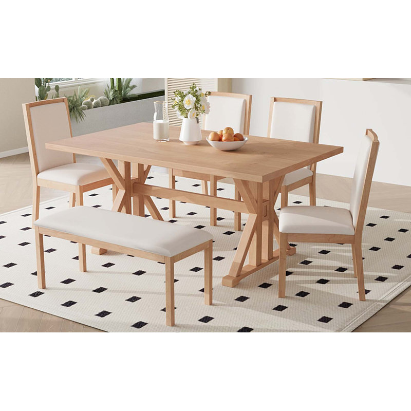 Table de salle à manger 6 pièces avec 4 chaises rembourrées et banc Farmhouse Classical, Naturel