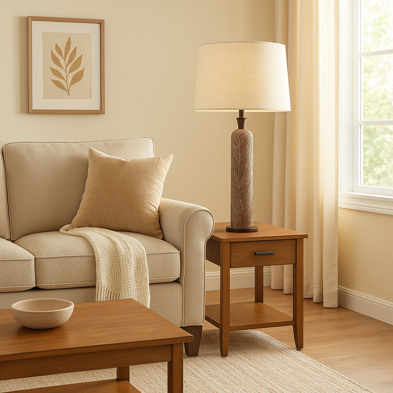 Cziara Tall Resin Floor Lamp With Textured Leaf Pattern Base and Linen Shade