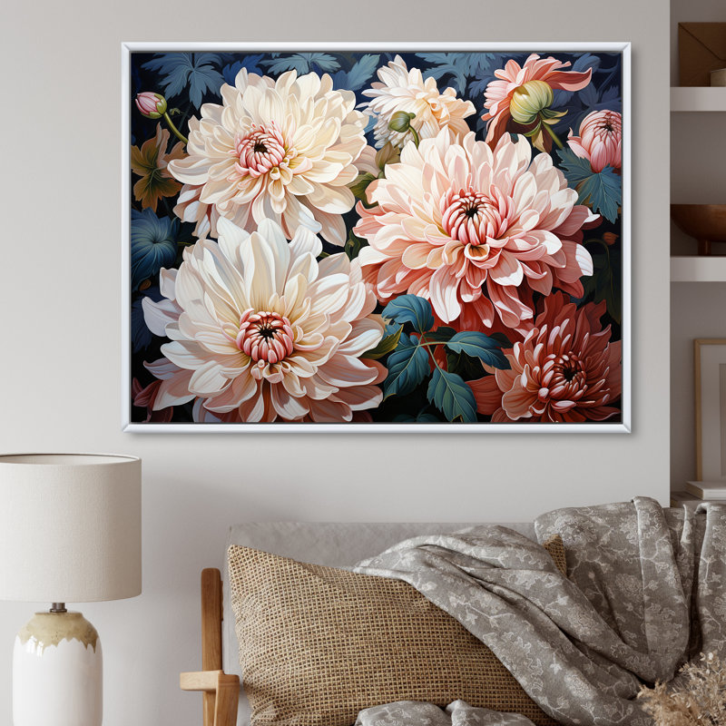 Chrysanthèmes rose et blanc collage I - décoration murale de chrysanthèmes, H 24 po x l 32 po x P 1 po, Cadre flottant blanc