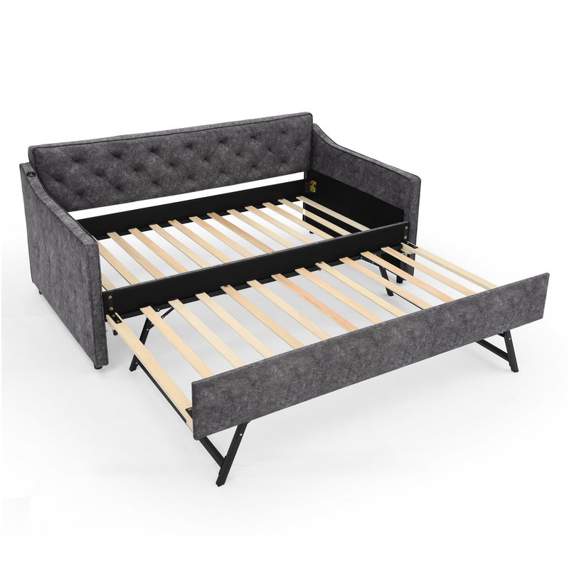 Twin Size Upholstery DayBed with Twin Size Pop-up Trundle and USB Charging Design