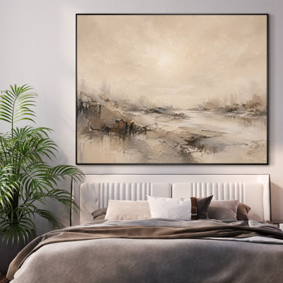 Très grand art mural imprimé sur toile - Décor de chambre à coucher minimaliste beige Misty Horizon