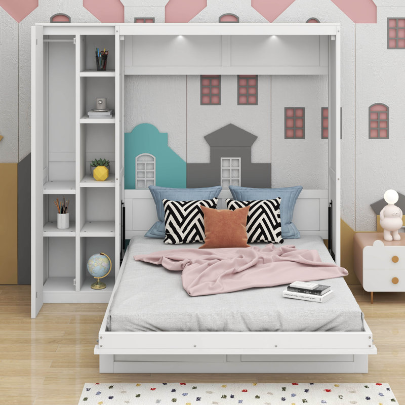 Lit escamotable double avec tablettes, garde-robe et DEL, Lit double, Blanc