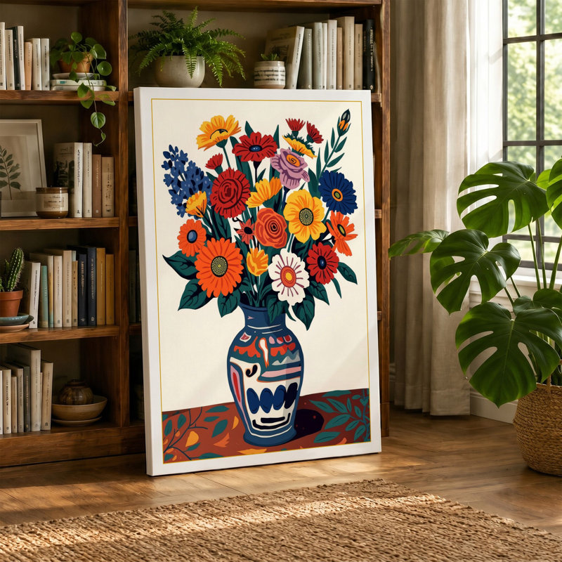 Floral Folk Arrangement Boho - Wrapped Canvas, Black Border, 24x16 - 61.0 x 40.6 cm
