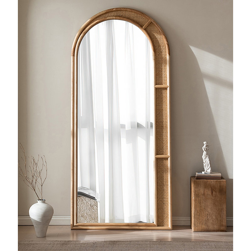 Medieval-Style Solid Wood Arched Rattan Full-Length Mirror, 78.74" x 39.37"