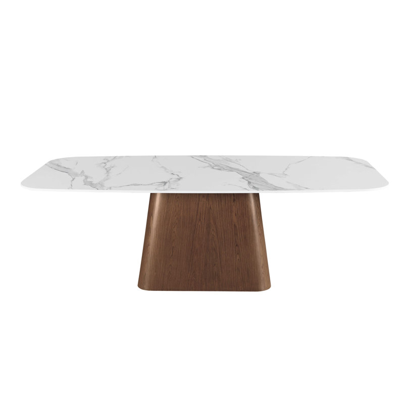 Kenza Modern Marbleized White Glass Dining Table with Wooden Base