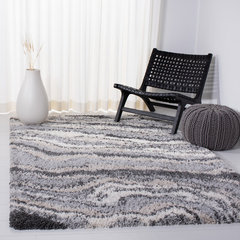 Tapis à poils longs gris / ivoire Foxborough 865, Rectangle 5 pi 3 po x 7 pi 6 po