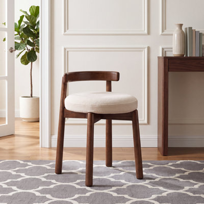MCM Solid Oak Swivel Vanity Stool with Upholstered Seat,for Bedroom & Dressing Area