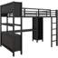 Lit mezzanine double en métal noir avec rangement et garde-robe, bureau pour ados pour adultes, taille, noir, en forme de L