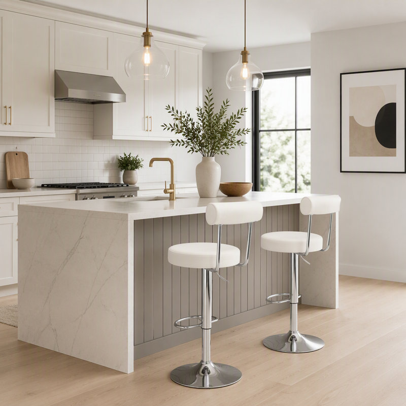 Ensemble de 2 tabourets de bar hauts, recouverts de velours, avec dossier et structure en acier inoxydable., White, Argent