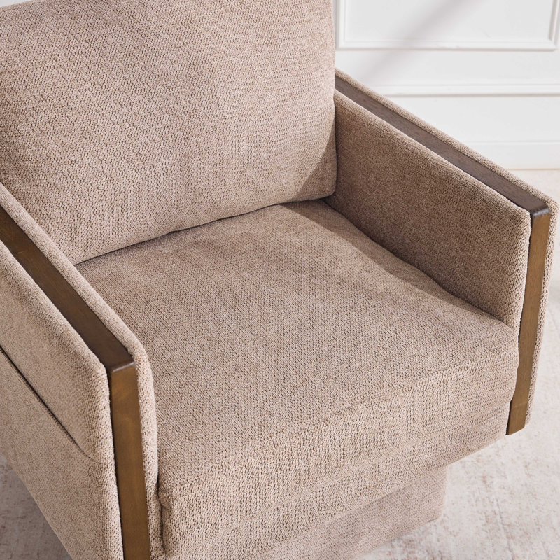 Swivel Upholstered Accent Chair with Wood Accent Arms, Sand