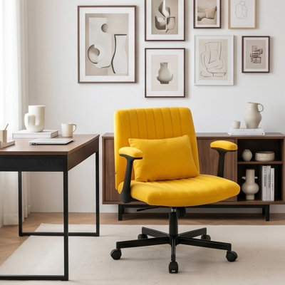Chaise de bureau ergonomique en lin jaune avec accoudoirs Crisscross, chaise de bureau réglable en hauteur de 16,9 po à 20,4 po, chaise pivotante pivotante à 360 ° inclinable de 108 ° à 130 ° avec coussin lombaire, chaise de travail en lin respirante pour bureau à domicile