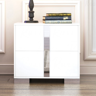 White Mirrored 2-Drawer Nightstand, Elegant with Metal Foot for Bedroom & Living Room