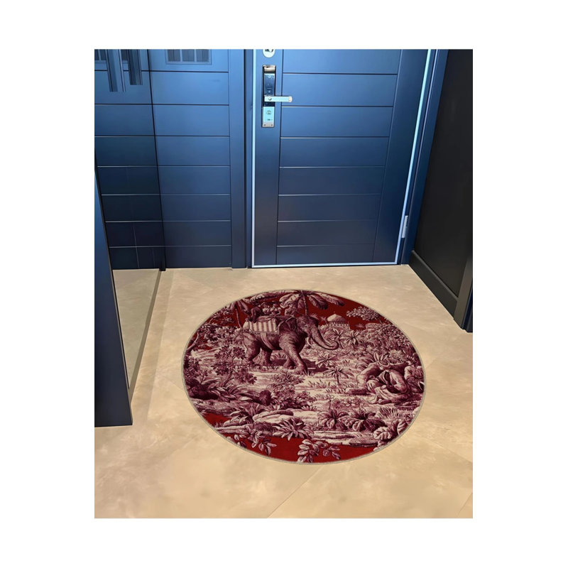 Burdy Tone Ancient Age Theme Elephant And People Patterned Round Woven Base Modern Decorative Carpet, Round 4'