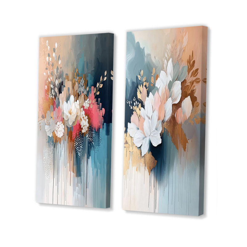 Ensemble de 2 pièces d'art mural blanc doré à motif floral Brushstroke III, H 32 po x l 32 po, Toile tendue