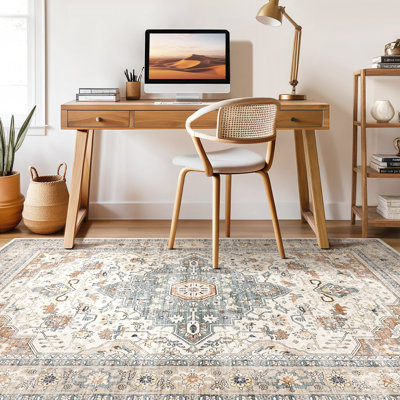 Aasen Vintage Oriental Area Rug Machine Washable Rugs with Non Slip Backing Ultra-Thin Lightweight Floor Mat Farmhouse Carpet for Living Room Bedroom