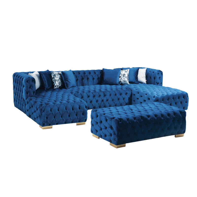 Repose-pieds standard capitonné en velours de 55 po de large Graple, Velours bleu