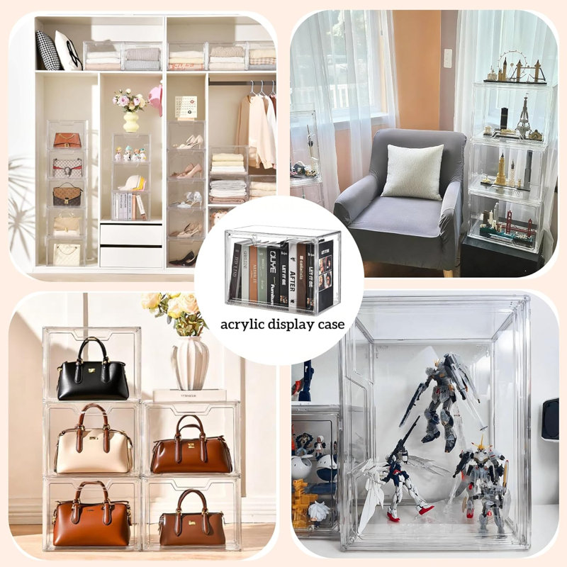 Stackable Clear Acrylic Display Case with Magnetic Doors – 14.2"×8.7"×10.6" Collectible & Handbag Storage Bin