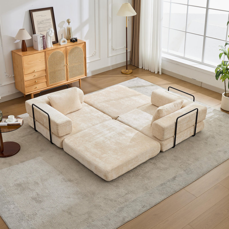 Canapé-lit convertible au sol - Causeuse modulaire en chenille à structure fixe, aucun assemblage requis, Beige