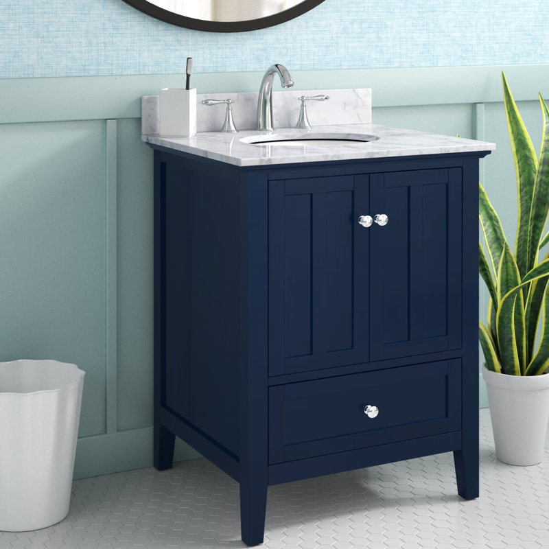 Ain 25'' Single Bathroom Vanity with Top, Blue, Carrara White