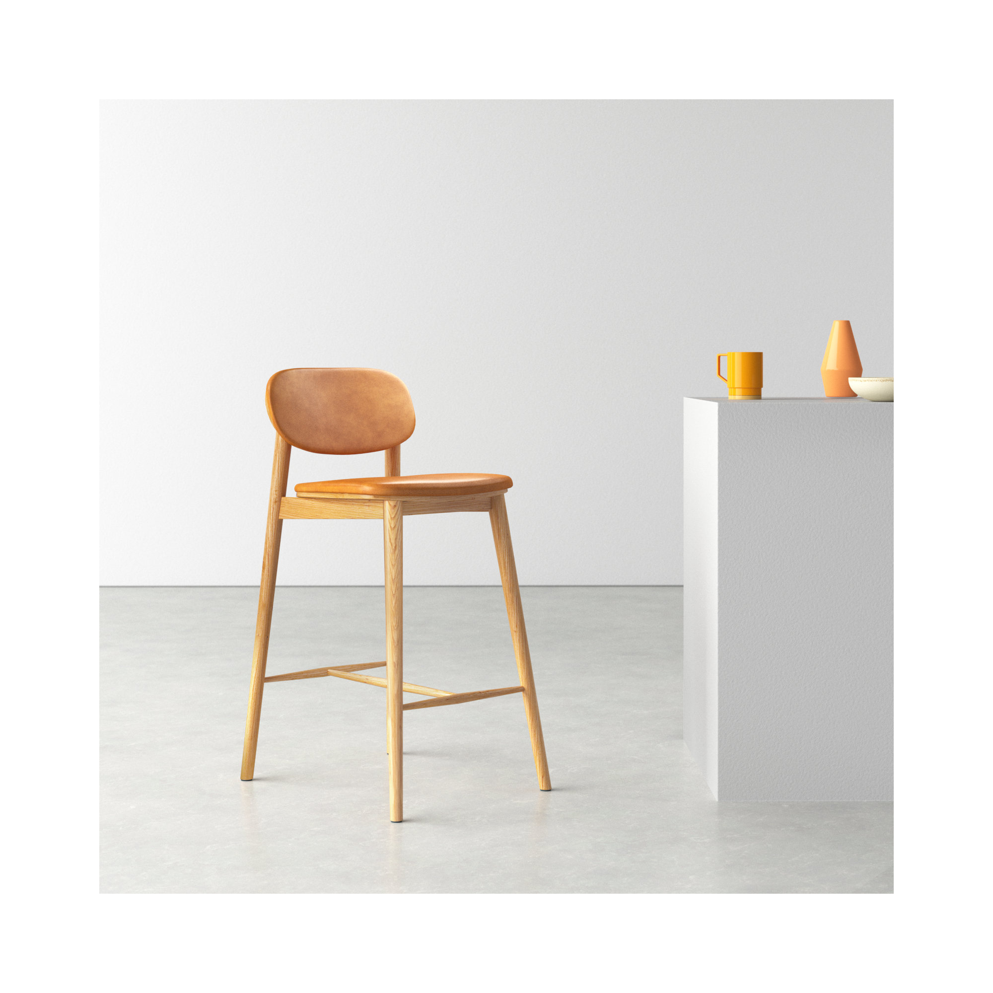  26'' Genuine Leather Counter Stool, Tan Leather//Oak Frame