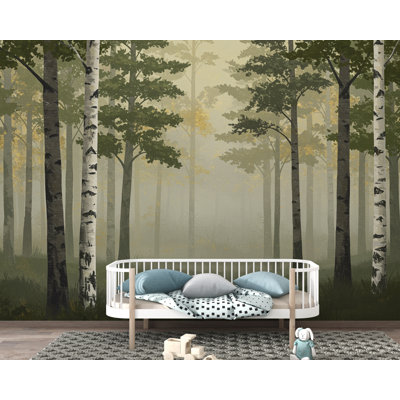 Misty Forest Wallpaper Mural, Watercolor Birch and Spruce Trees, Neutral Green Woodland Wall Art Scandinavian Nature Decor Calm Forest  