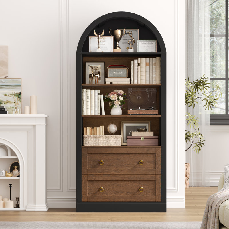 69.7"H Arched Bookcase With 2 Drawers, Black/Brown