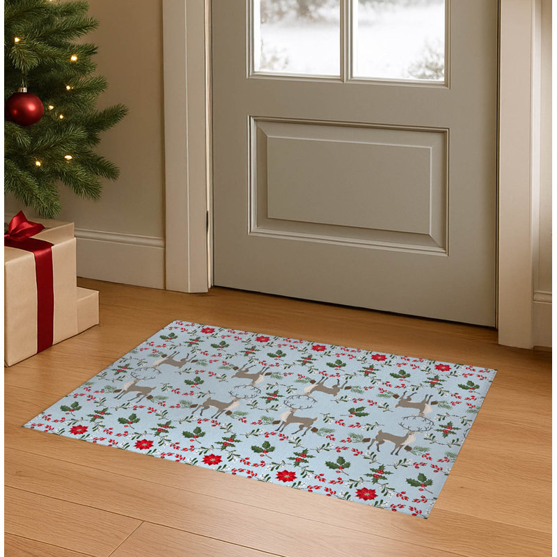 Botanical Deer Seasonal Indoor Doormat, 36" W x 60" L, Silver/Blue