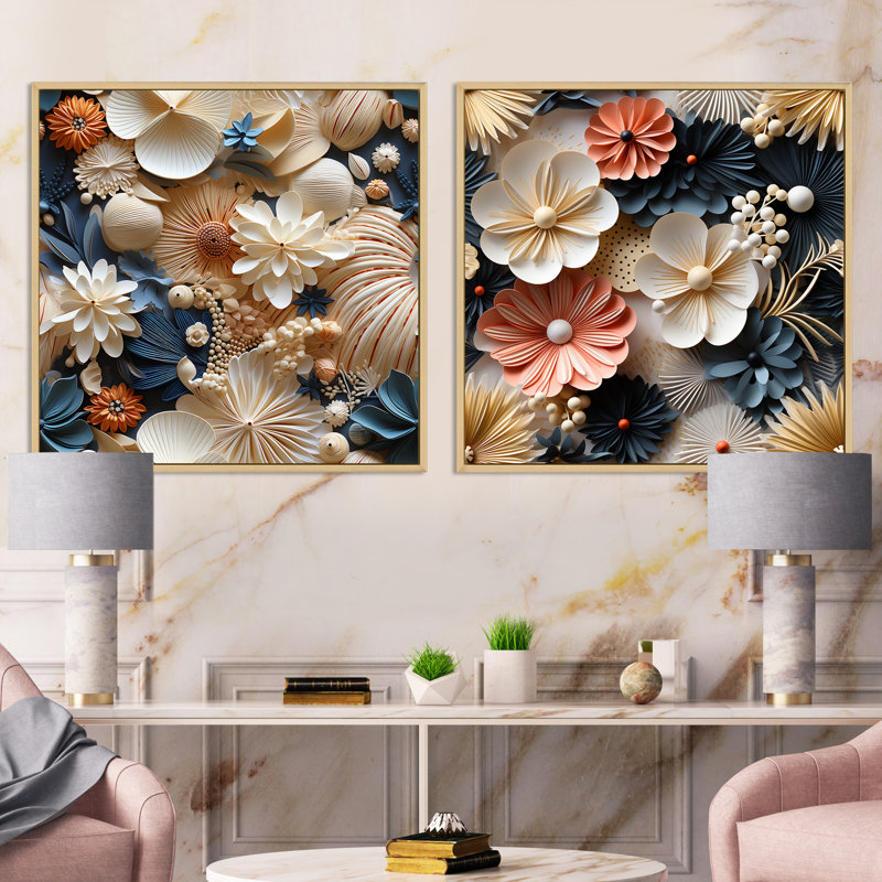 Rondeau - Ensemble de 2 collages carrés floraux, Cadre flottant brun, H 30 po x l 61 po