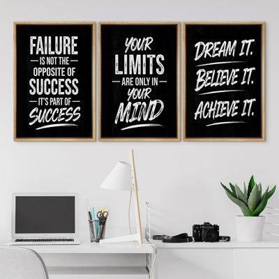 Failure Is Not The Opposite Of Success Your Limits Are Only In Your Mind Dream It Believe It Achieve It Motivational Quote Wall Art Decor Framed On Canvas 3 Pieces Print