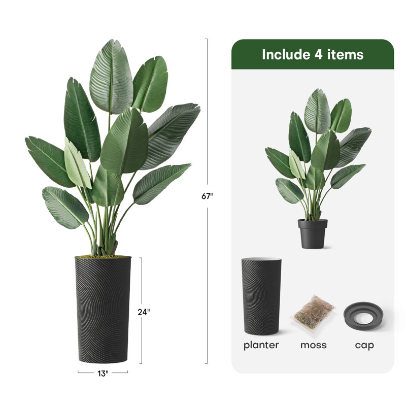 Arbre artificiel en pot, faux oiseau de paradis en soie, décoration de la maison (pot et arbre), H 67 po, Empreinte digitale