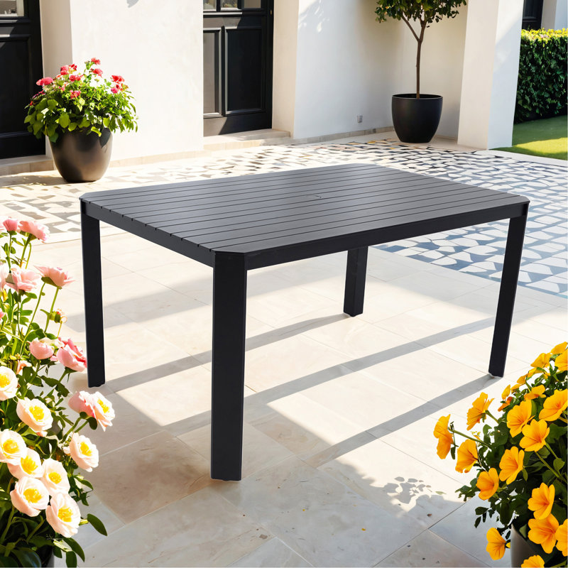 Modern Outdoor Aluminum Table With Alternating Wide And Narrow Slats, Angled Corners, Umbrella Hole, And Adjustable Non-Slip Pads