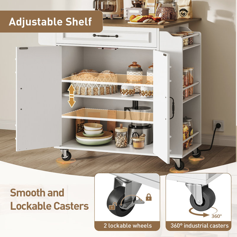32.4" Kitchen Island with Power Outlets & Drop Leaf, Rolling Storage Cart with Drawer and Spice Rack, Walnut/White