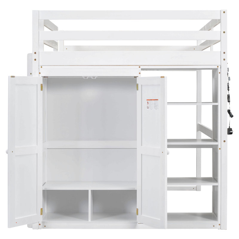 Lit mezzanine double en bois avec garde-robe intégrée et tablettes de rangement, lumière DEL, Blanc