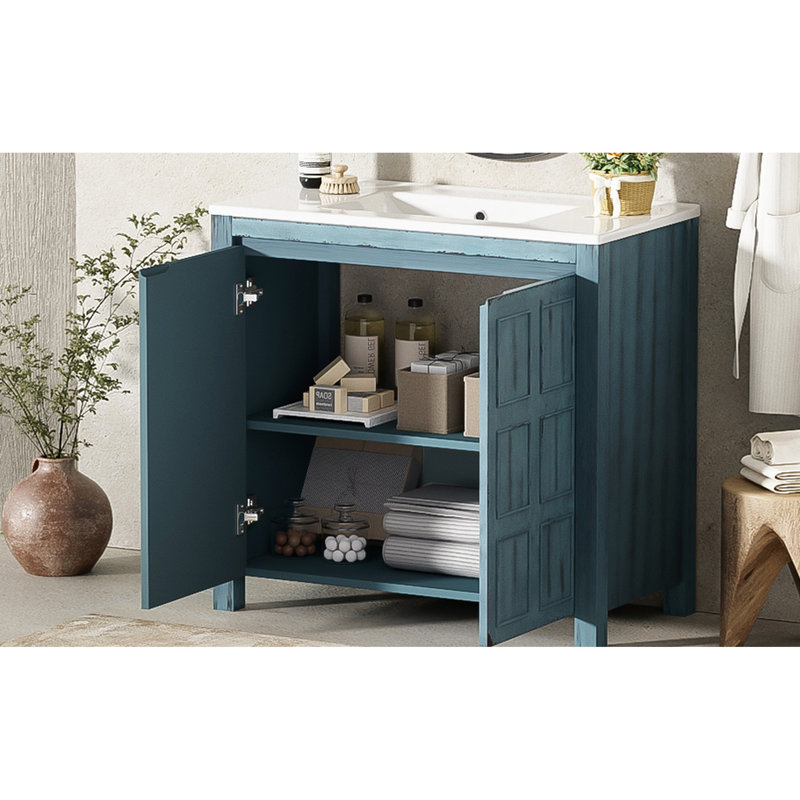 Armoire de salle de bain Retro Blue 36 po, lavabo en céramique, bois massif et matériau, aspect vieilli, charnières à fermeture en douceur, organisateur de meuble-lavabo intérieur spacieux en bleu, construction, poignées cachées, caractéristique,