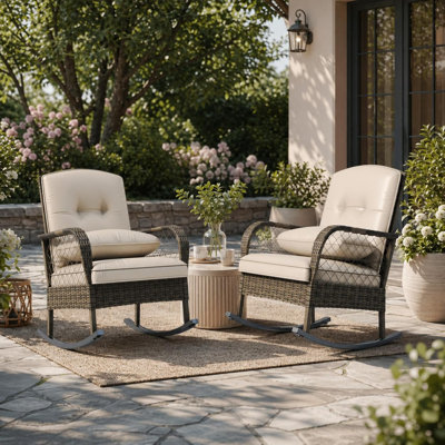 Hand-Woven Rattan Rocking Chairs Set of 2 – Ergonomic High-Back Outdoor Wicker Armchairs with Cushions, Sturdy Steel Frame, Breathable & All-Weather, Brown Rattan + Beige Cushion + Set of Two Chairs