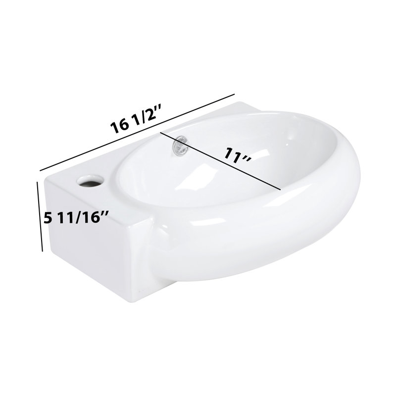 16" x 11" Wall Mount Bathroom Sink, Small Oval Ceramic Wall Hung Vanity Sink with Overflow, Single Hole Faucet Compatible, White