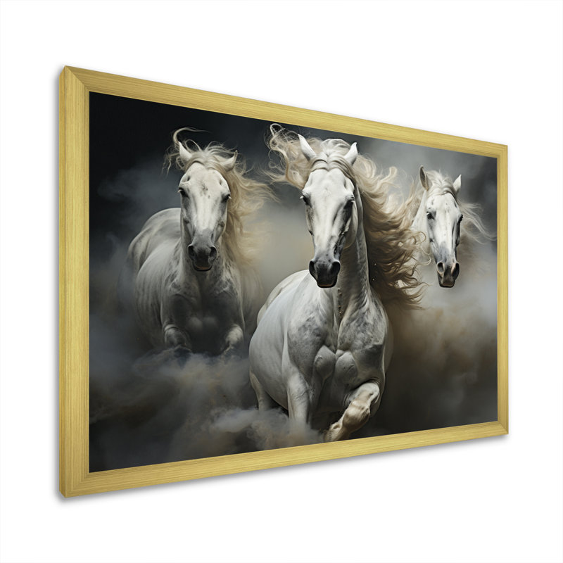 White Beige Horse Equine Harmony Framed On Canvas Print, 16" H x 32" W x 1" D, Gold Single Picture Framed