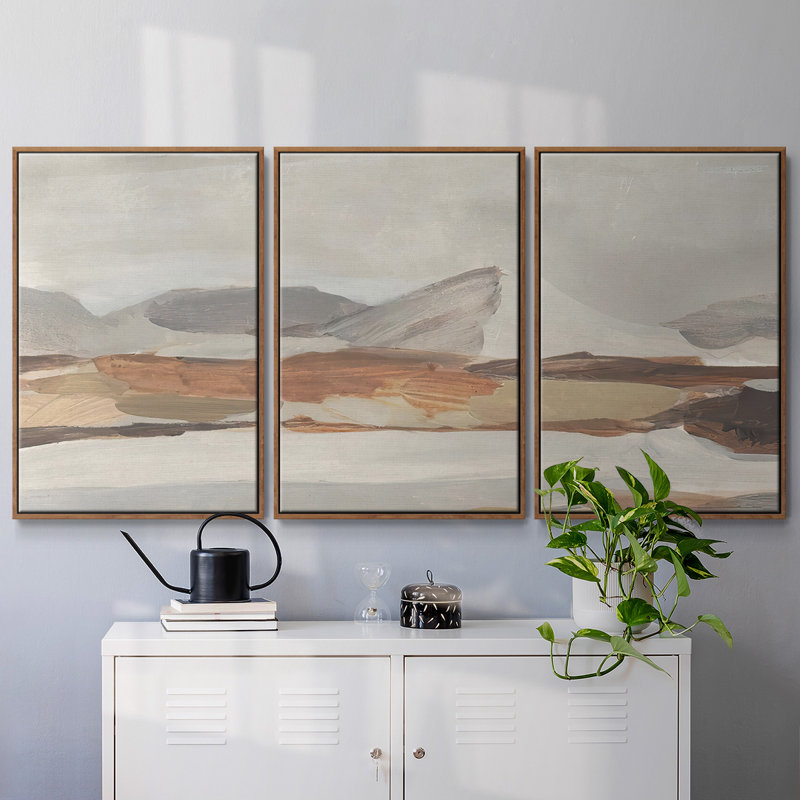 Dusky Mountain II, peinture sur toile 3 pièces, H 36 po x l 75 po, Cadre noyer
