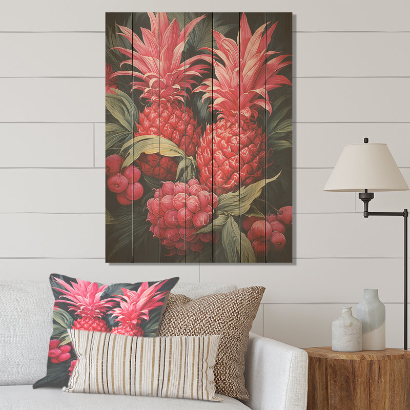 Impression d'ananas rustique rose II - ananas sur bois, H 40 po x l 30 po