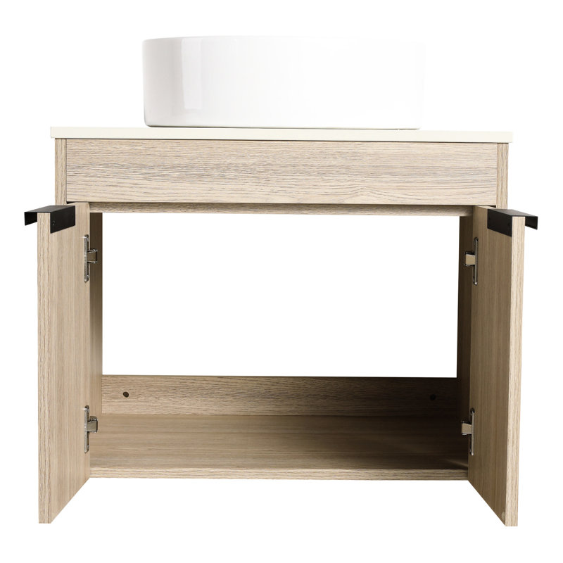Meuble-lavabo mural 24 po. Chêne blanc avec cuve en céramique. Porte à fermeture en douceur pour un meuble-lavabo moderne