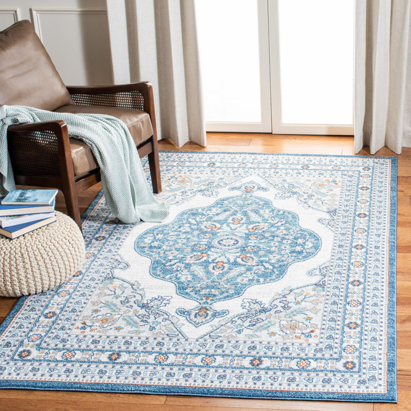 Tapis intérieur/extérieur bleu foncé/ivoire oriental Slesnick, Rectangle 4 pi x 6 pi