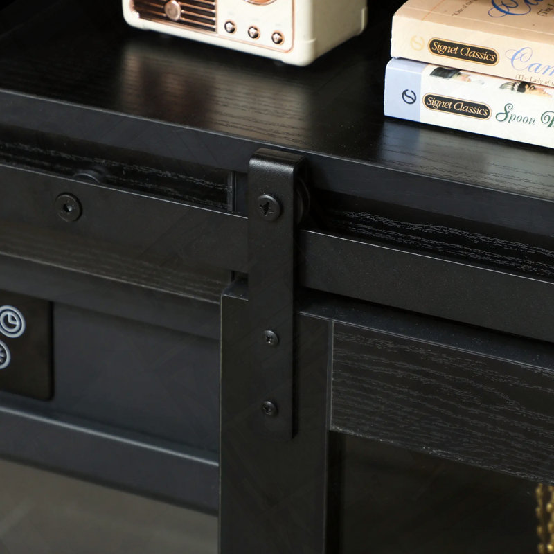 Console de télévision avec foyer électrique, rangement ouvert et armoires latérales, conception durable et peu encombrante, décor élégant pour le salon et la chambre à coucher