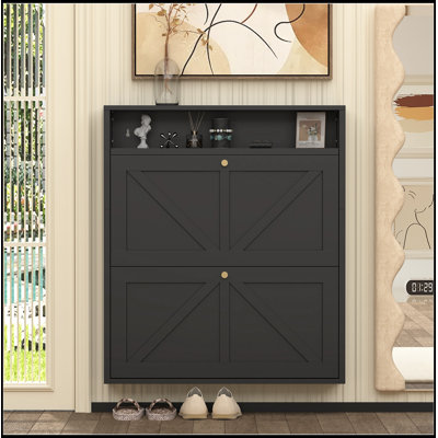 Wall Mounted Metal Shoe Cabinet with 2 Flip Drawers and open shelf