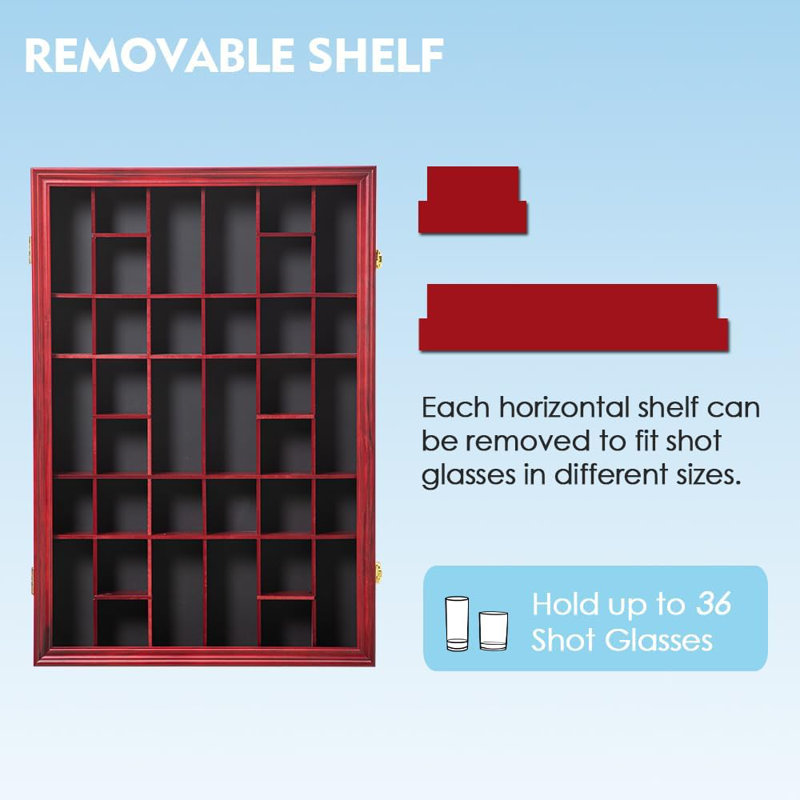 36 Slots Shot Glass Display Case With Lockable Door, Solid Wood Cabinet Collection Holder Wall Mounted Shot Glass Display Storage Box With Removable Shelves