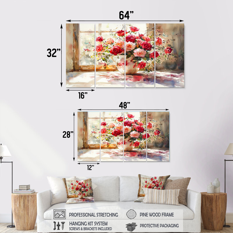 Holmes - Roses, art mural - ensemble d'art mural moderne, 4, H 28 po x l 48 po