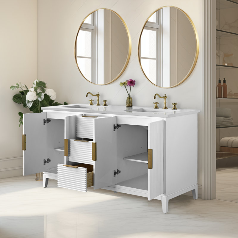 Lissandra 60" Double Bathroom Vanity In White With Engineered Stone Top