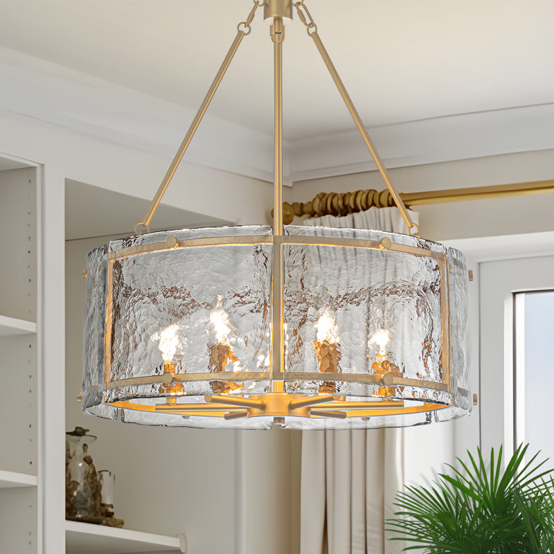 Lustre tambour en verre 6 lumières, Doré